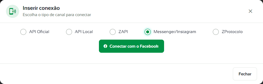 Janela Inserir conexão com a opção Messenger/Instagram e o botão Conectar com o Facebook