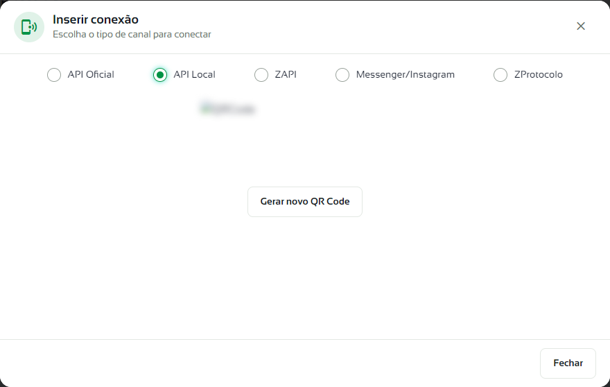 Janela Inserir conexão com a opção API Local e o botão Gerar novo QR Code