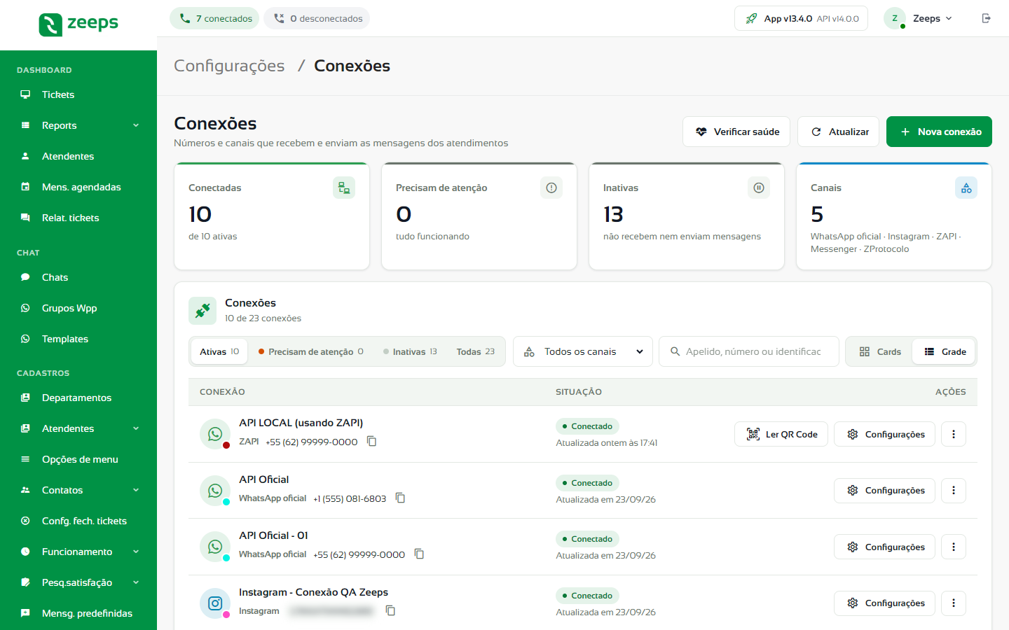 Tela Conexões com os indicadores no topo e a lista de conexões