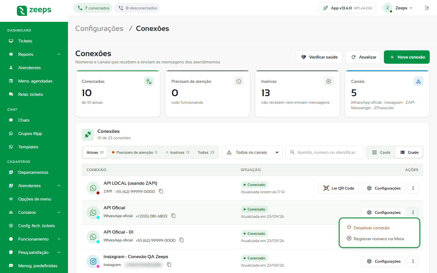 Menu de mais ações de uma conexão da API Oficial