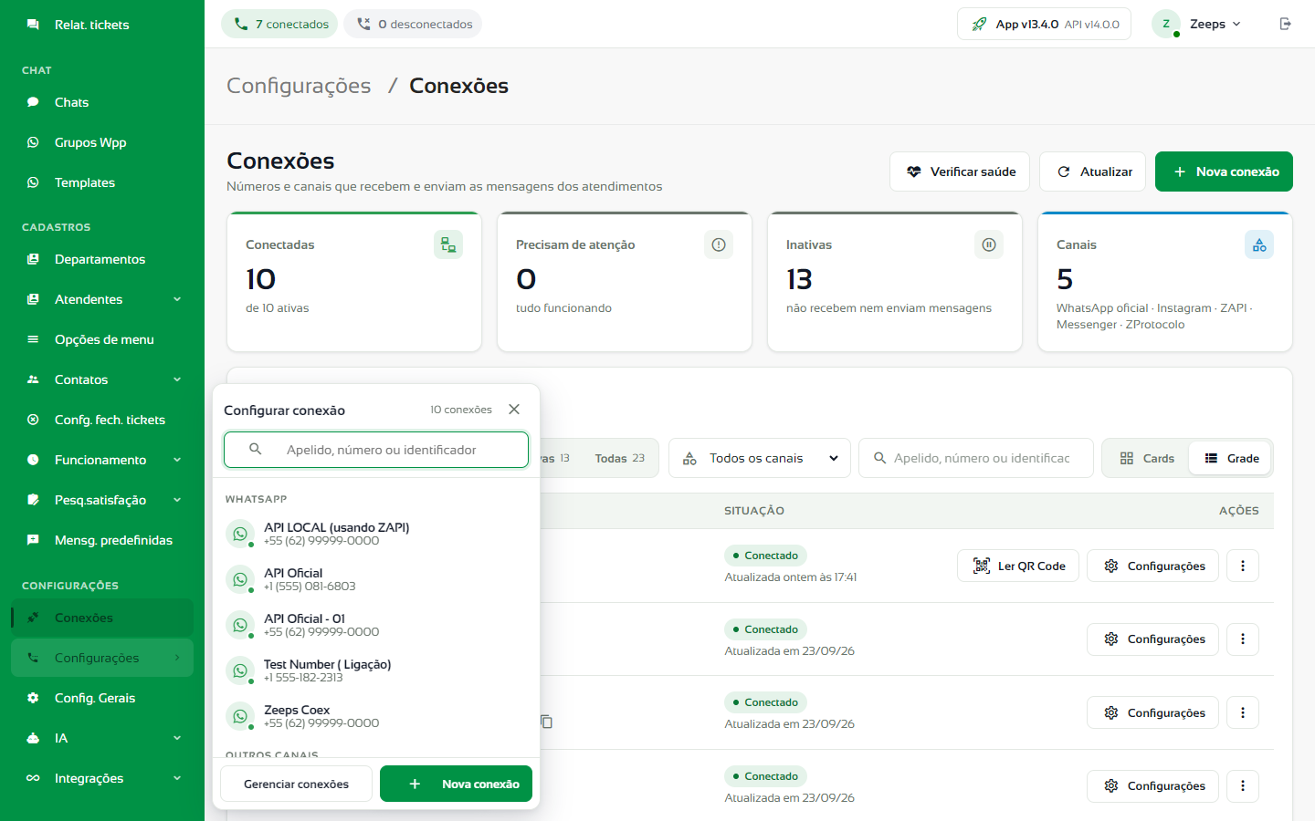 Lista Configurar conexão aberta pelo menu lateral
