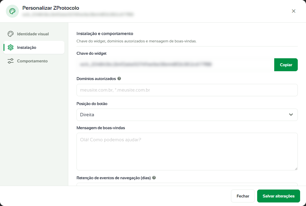 Aba Instalação com a chave do widget, domínios autorizados, posição do botão e mensagem de boas-vindas