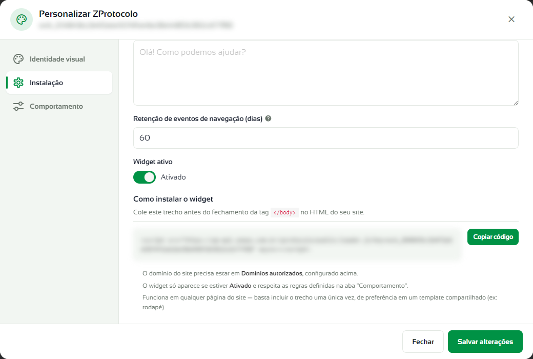 Código de instalação do widget com o botão Copiar código