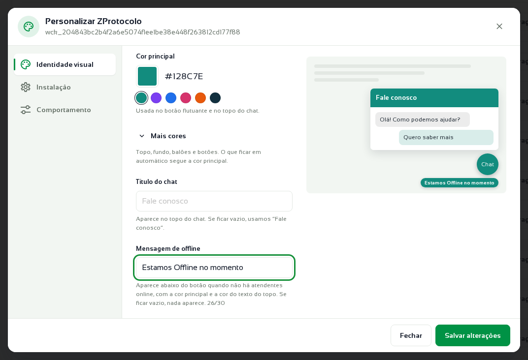 Aba Identidade visual do modal Personalizar ZProtocolo com o campo Mensagem de offline em destaque