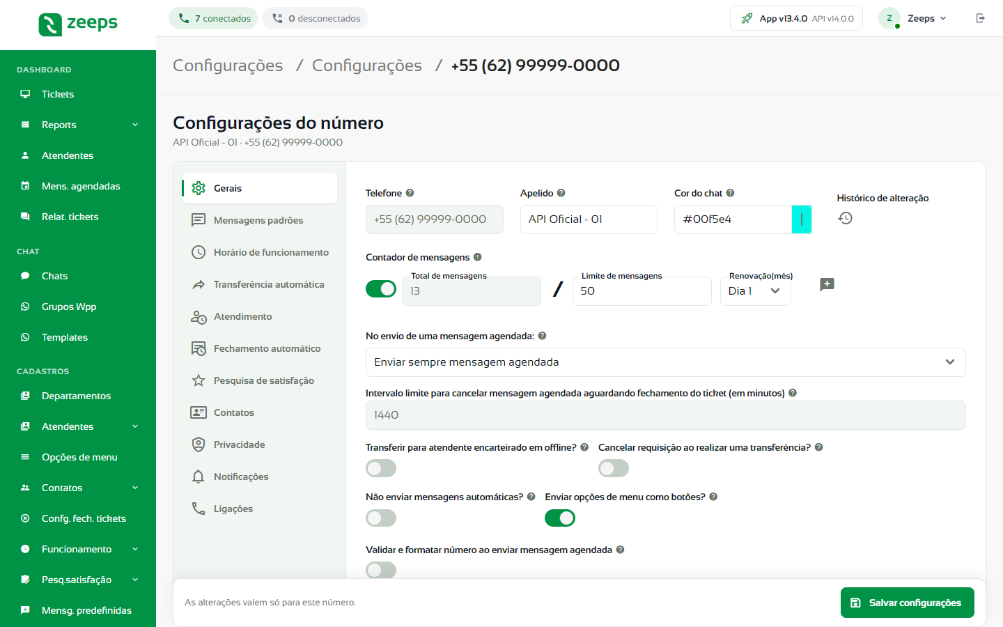 Aba Gerais de um número da API Oficial com o contador de mensagens