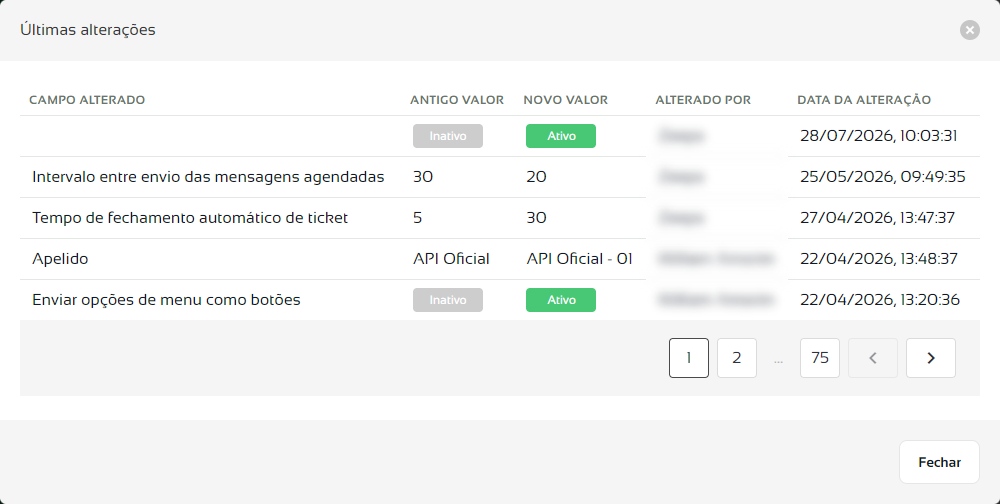 Janela Últimas alterações com o histórico das configurações do número