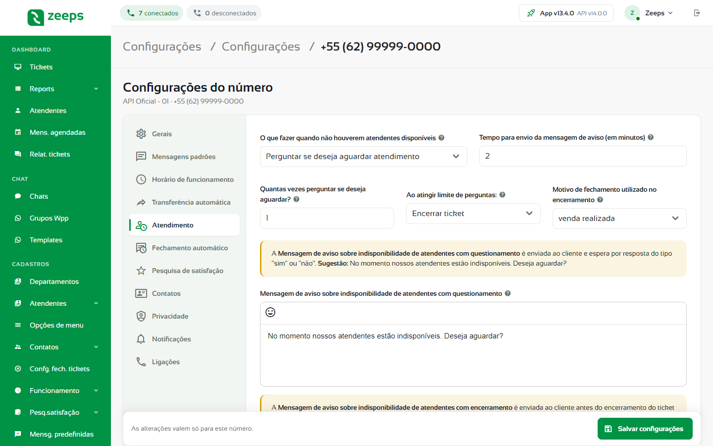 Aba Atendimento com as opções para quando não há atendentes disponíveis