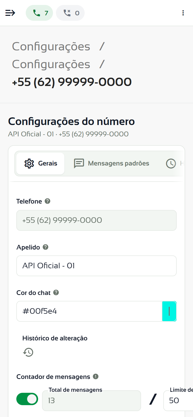 Configurações do número no celular, com as abas em faixa horizontal