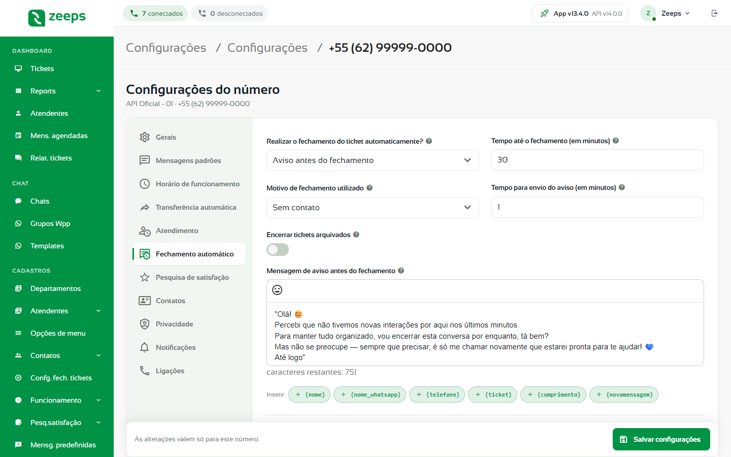 Aba Fechamento automático com aviso antes do fechamento
