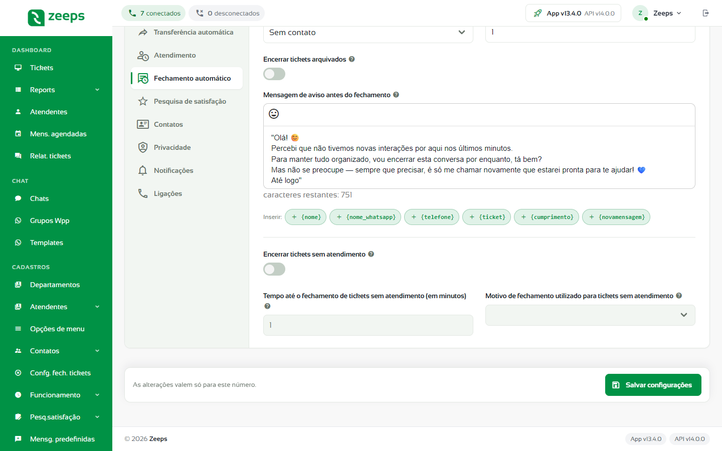 Opção Encerrar tickets sem atendimento com o tempo e o motivo de fechamento