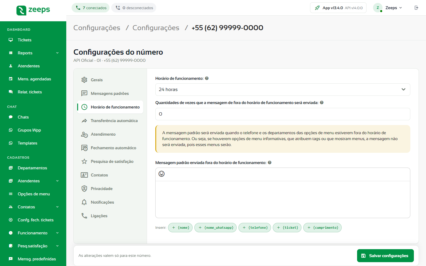 Aba Horário de funcionamento do número