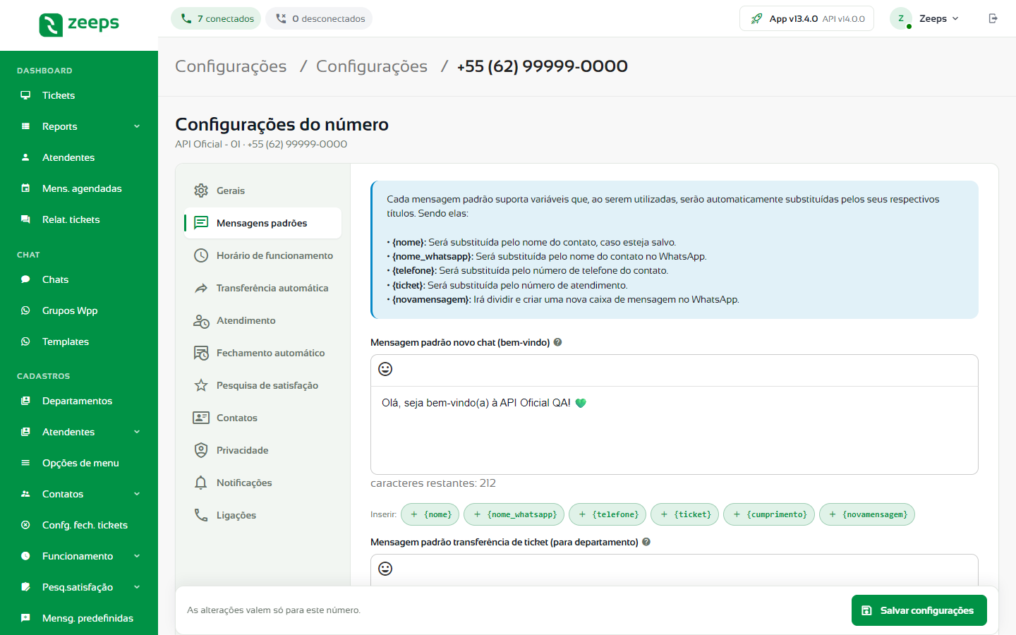 Aba Mensagens padrões com a lista de variáveis e os campos de mensagem