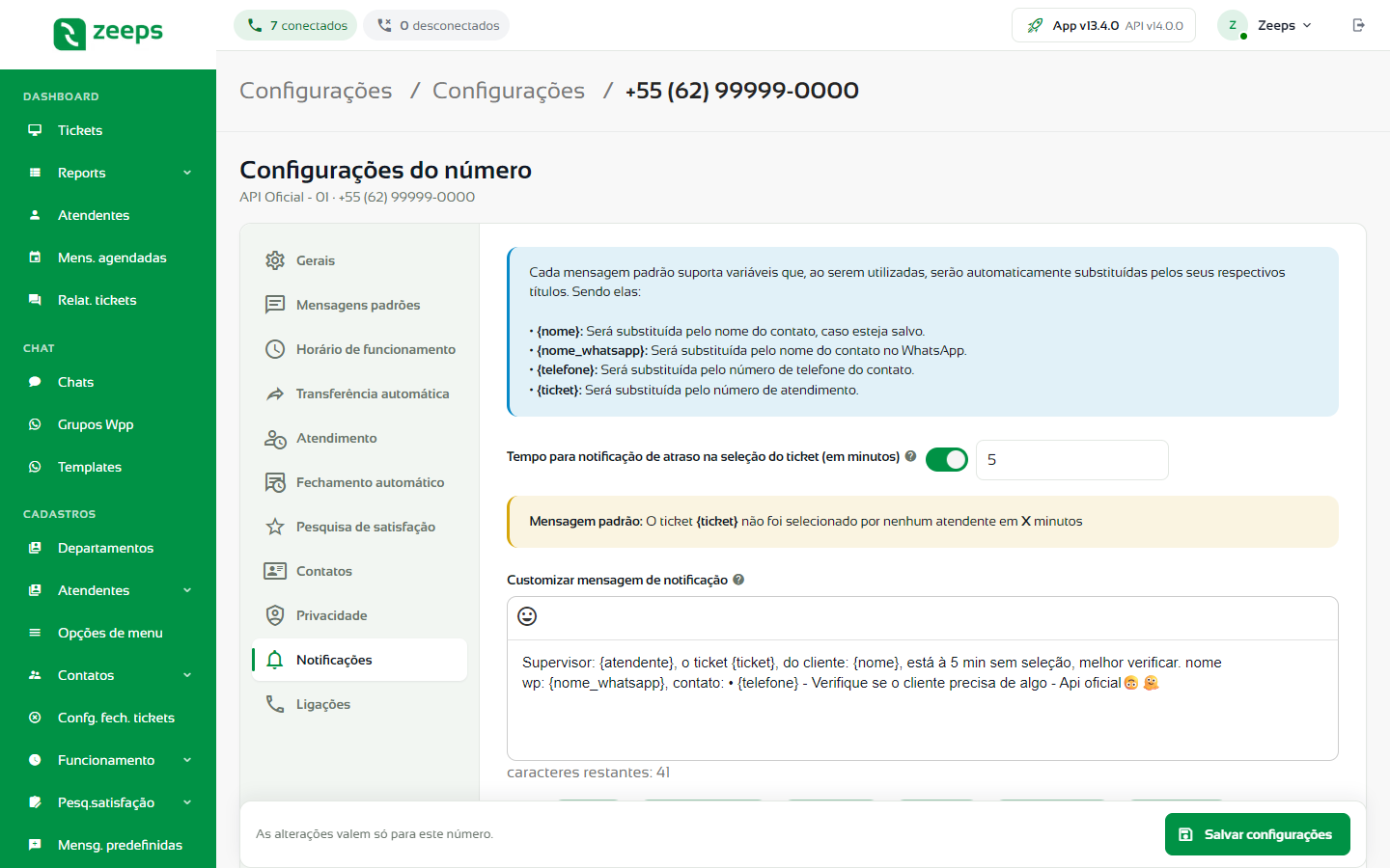 Aba Notificações com os alertas de atraso na seleção e de inatividade do contato