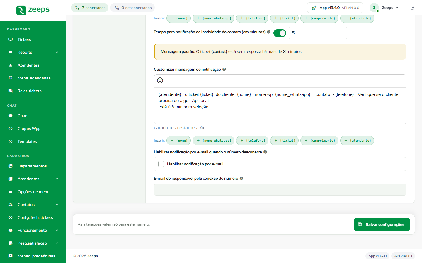 Opção de notificação por e-mail quando o número desconecta