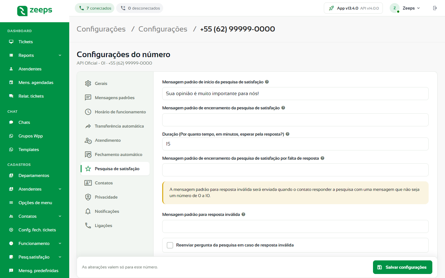 Aba Pesquisa de satisfação do número