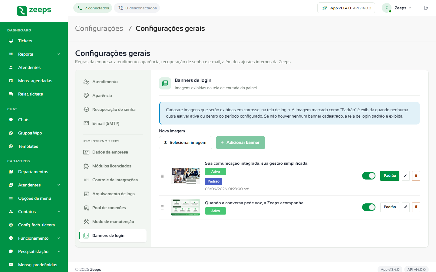 Aba Banners de login com a lista de banners cadastrados