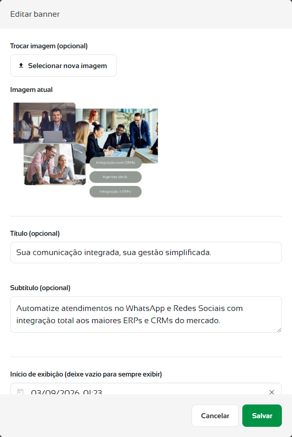 Janela Editar banner com imagem, título, subtítulo e período de exibição