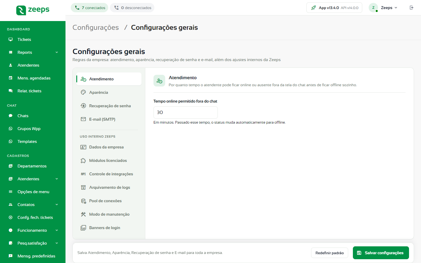 Configurações gerais com a aba Atendimento aberta
