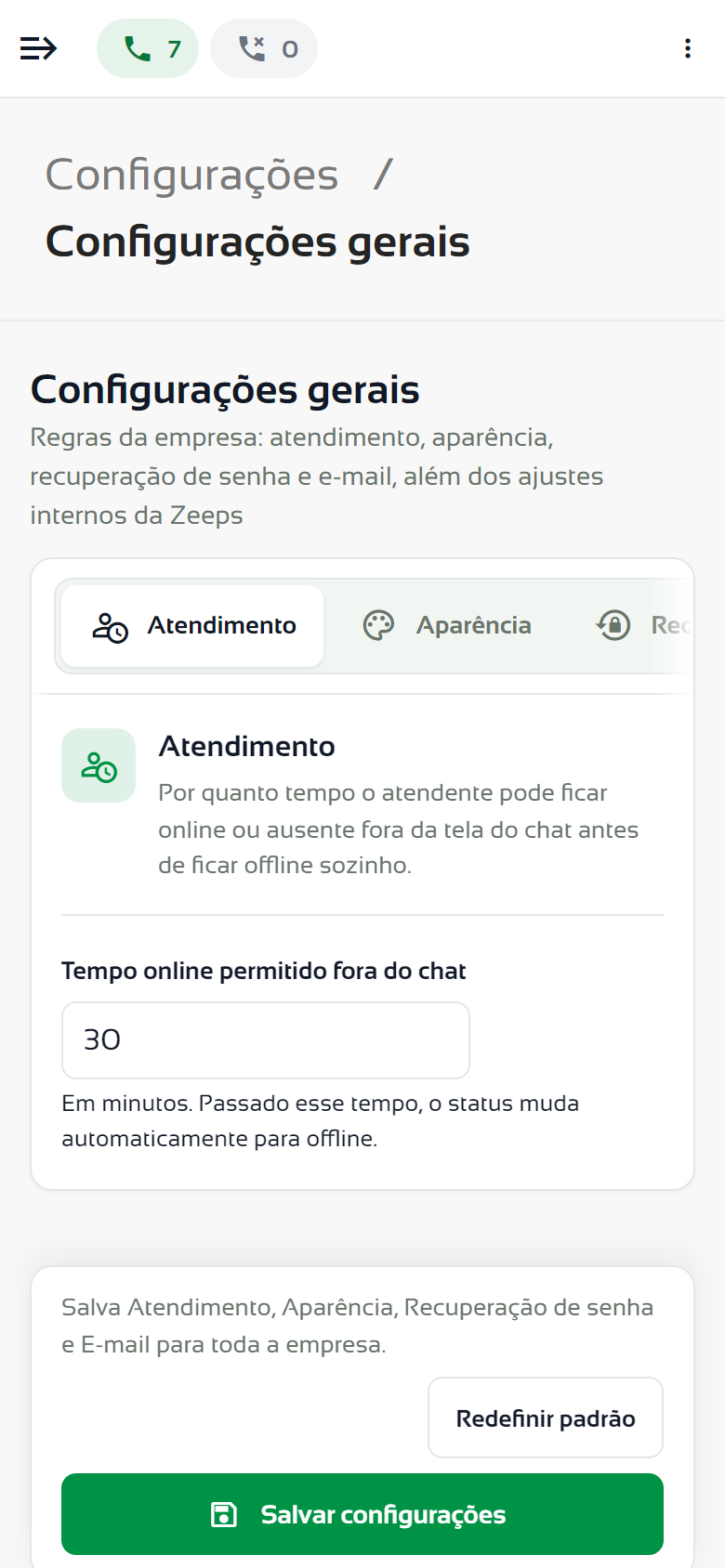 Configurações gerais no celular