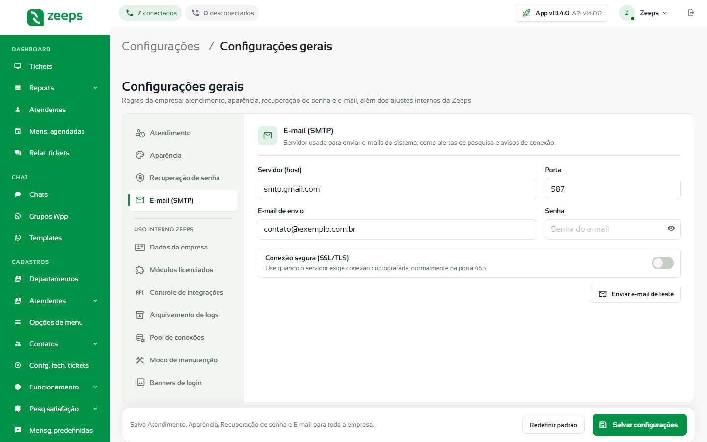 Aba E-mail (SMTP) com os dados do servidor de envio