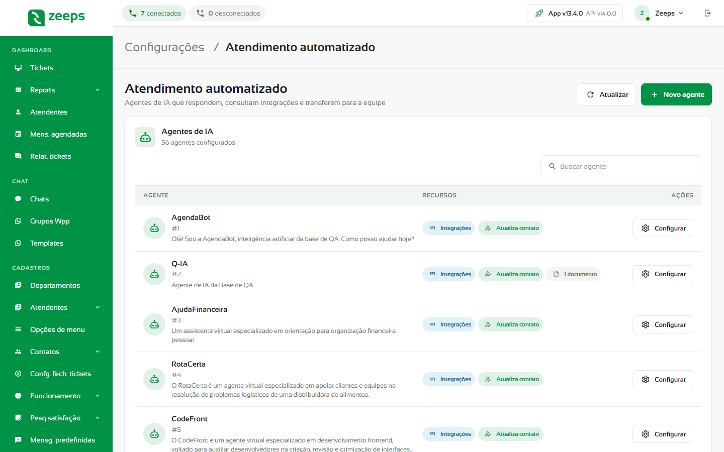Tela Atendimento automatizado com a lista de agentes de IA
