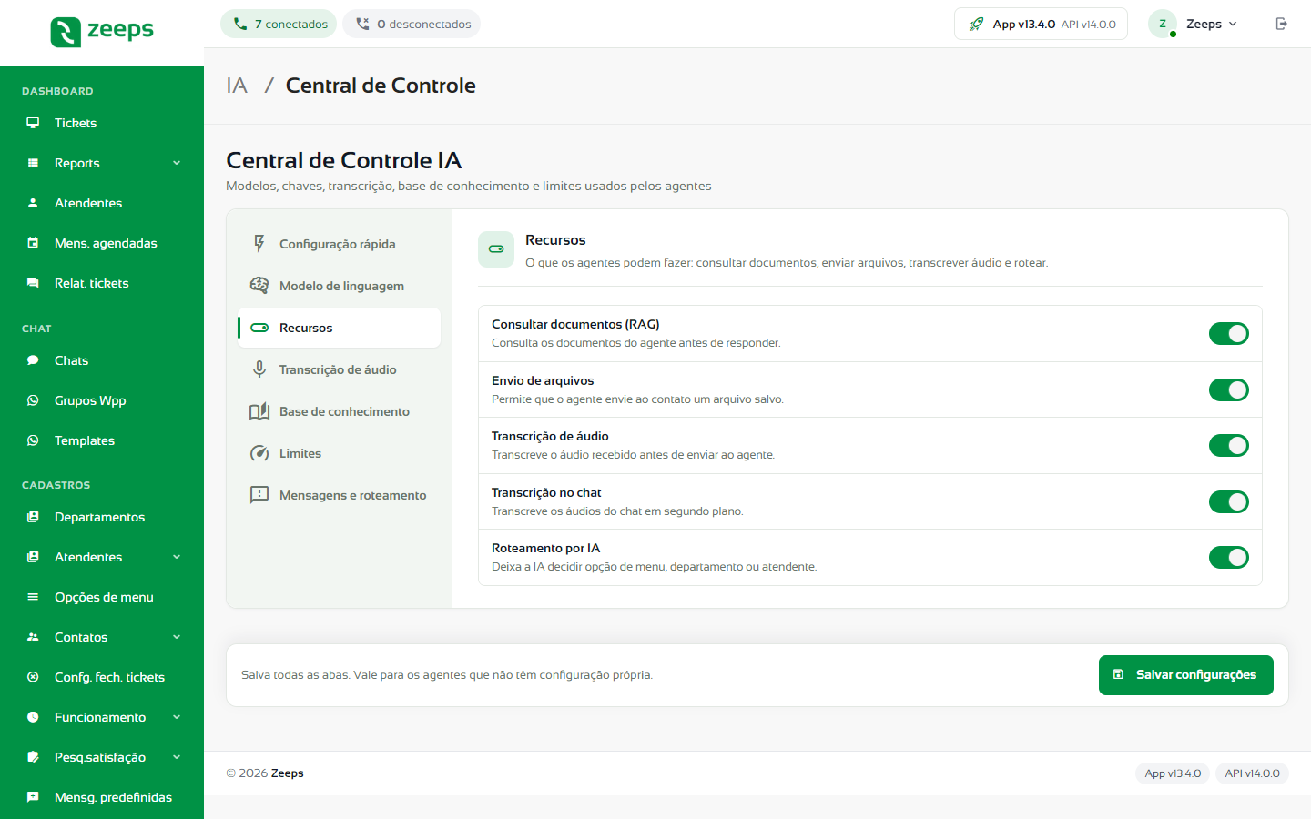 Aba Recursos com as chaves de cada recurso