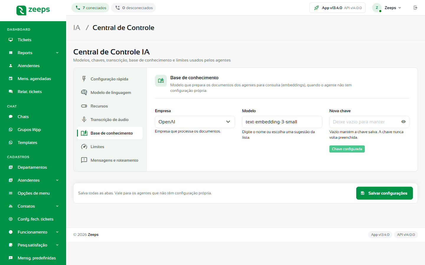 Aba Base de conhecimento com a empresa e o modelo que preparam os documentos