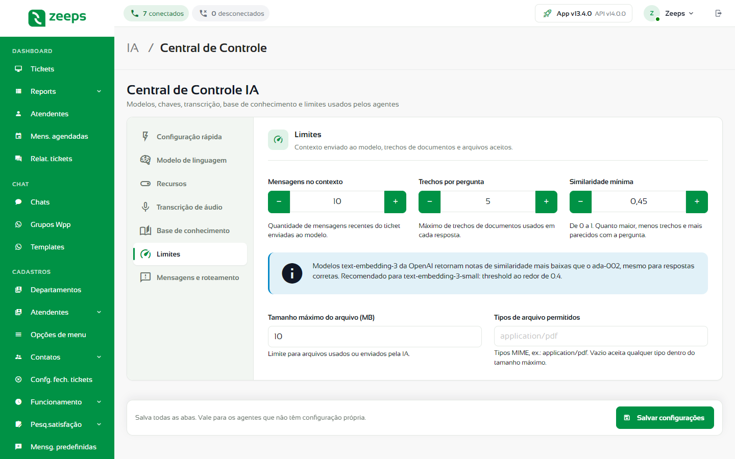 Aba Limites com contexto, trechos, similaridade e arquivos