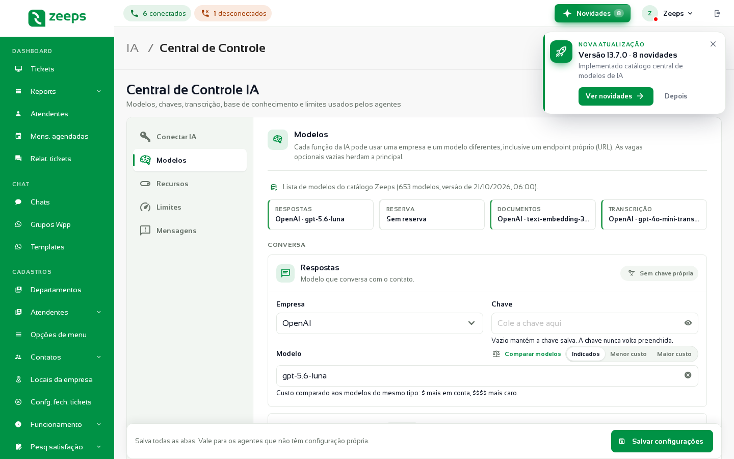 Aba Modelos aberta, com os cartões de modelo principal e reserva e as etiquetas de recomendação e faixa de custo do catálogo Zeeps visíveis