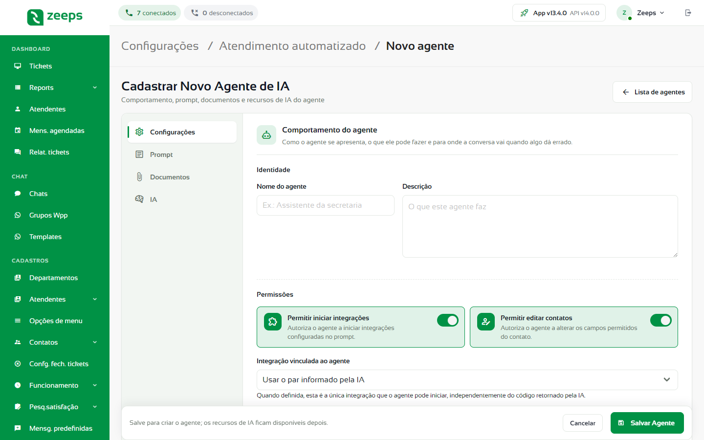 Tela Cadastrar Novo Agente de IA com a aba Configurações