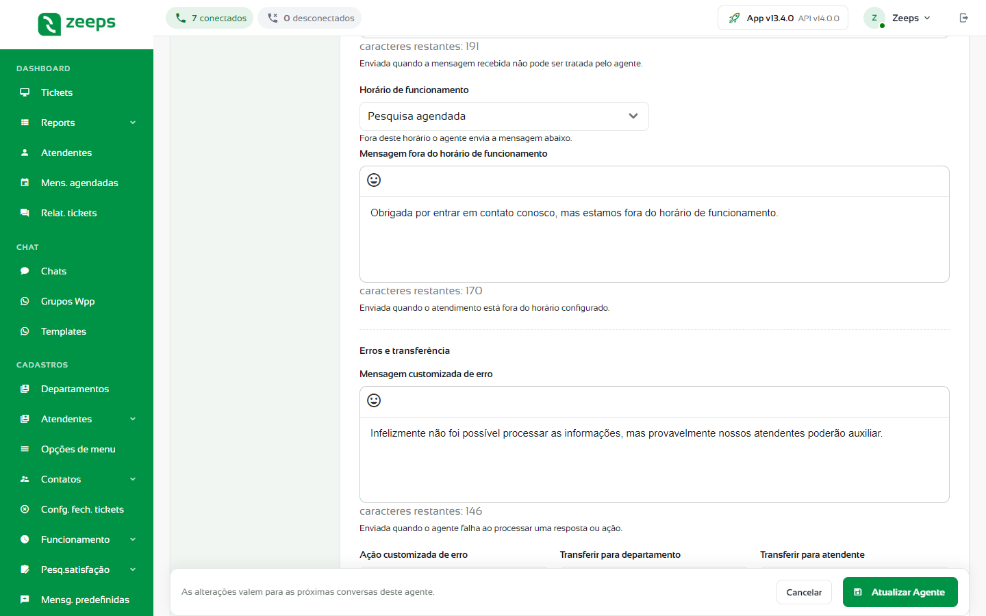 Bloco Mensagens ao contato com introdução, mensagem não suportada e horário de funcionamento