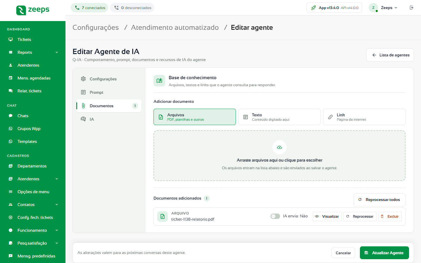 Aba Documentos com os tipos de documento e a lista de documentos adicionados