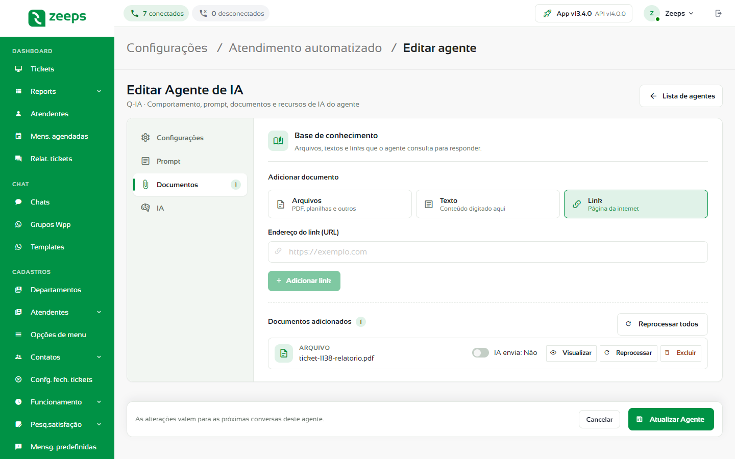 Opção Link para adicionar uma página da internet