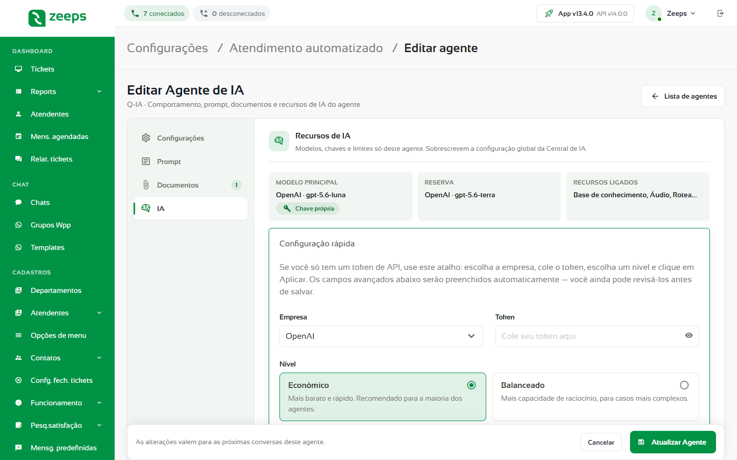 Aba IA do agente com o resumo e a configuração rápida