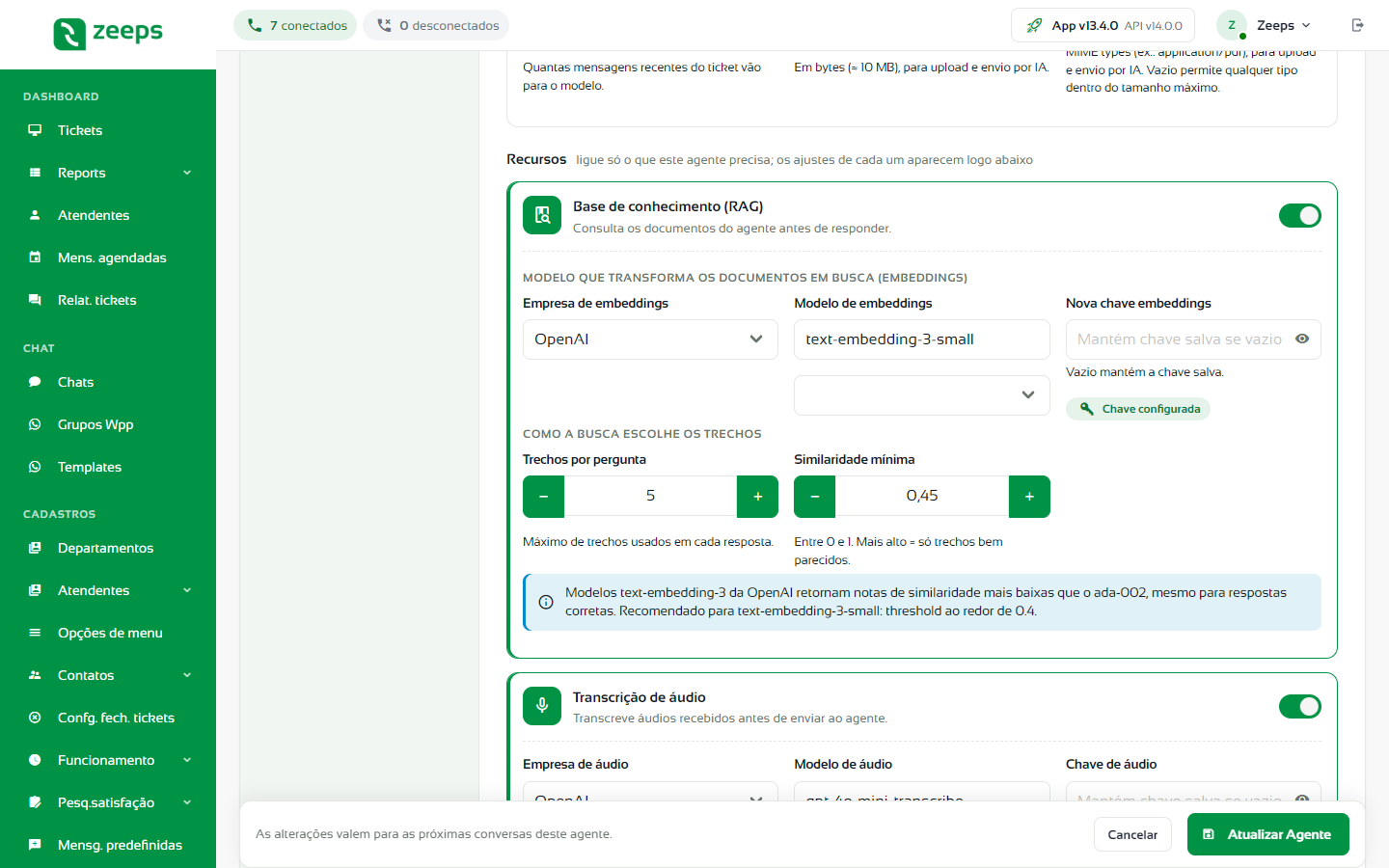 Recursos do agente com a base de conhecimento e a transcrição de áudio