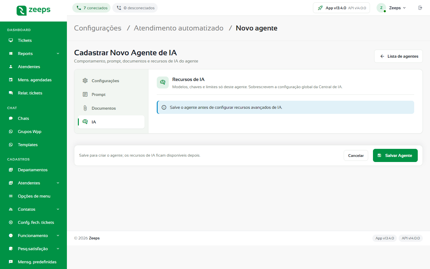 Aba IA de um agente novo, com o aviso para salvar antes