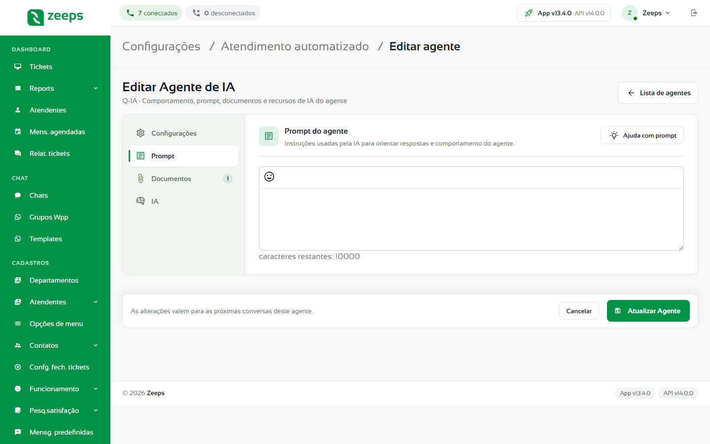 Aba Prompt do agente