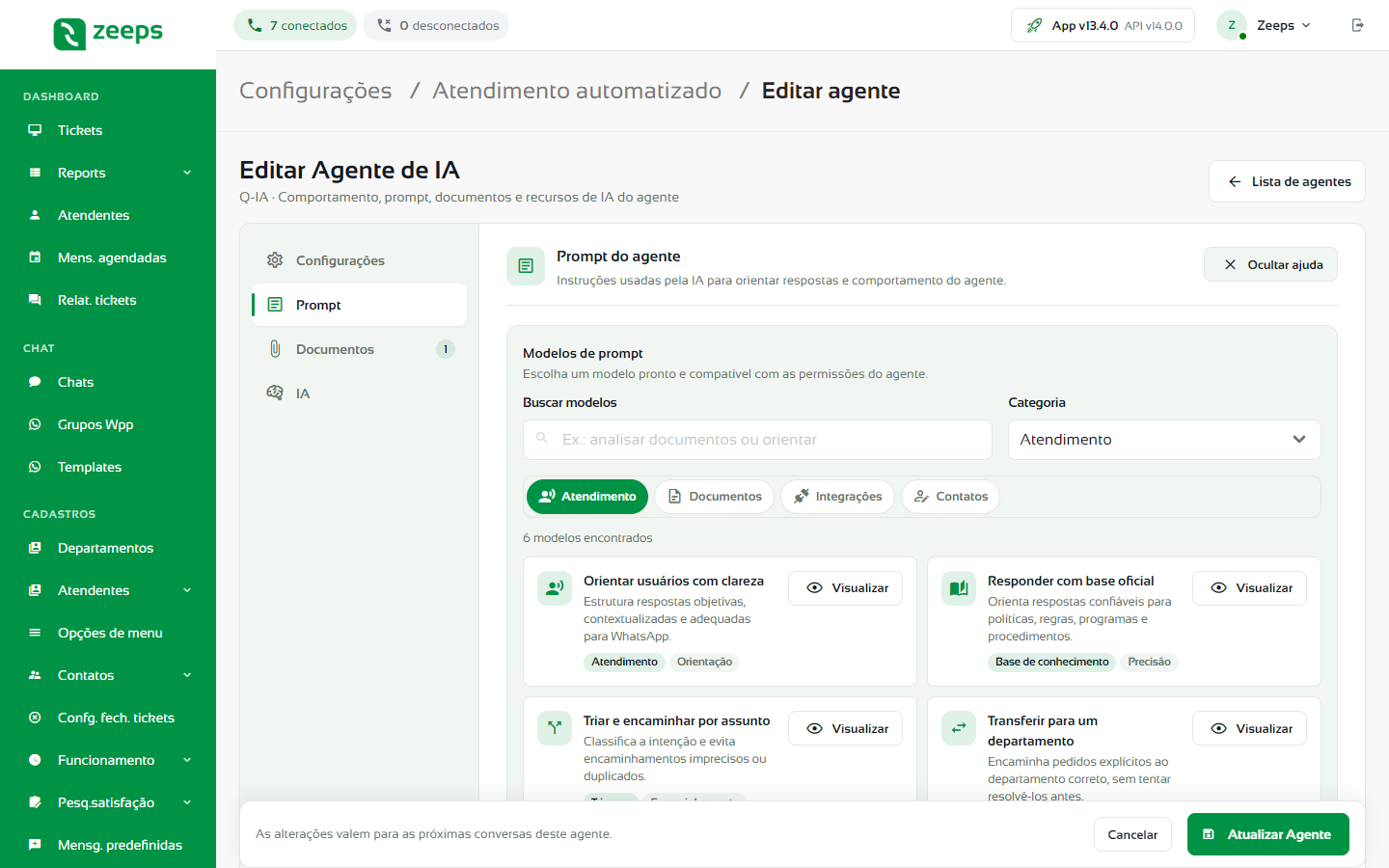 Painel Modelos de prompt com a busca, as categorias e os modelos