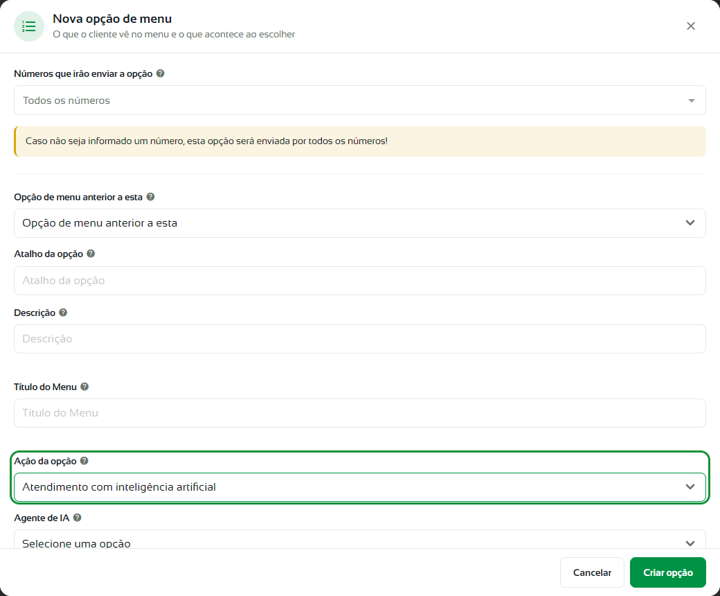 Janela Nova opção de menu com a ação Atendimento com inteligência artificial em destaque