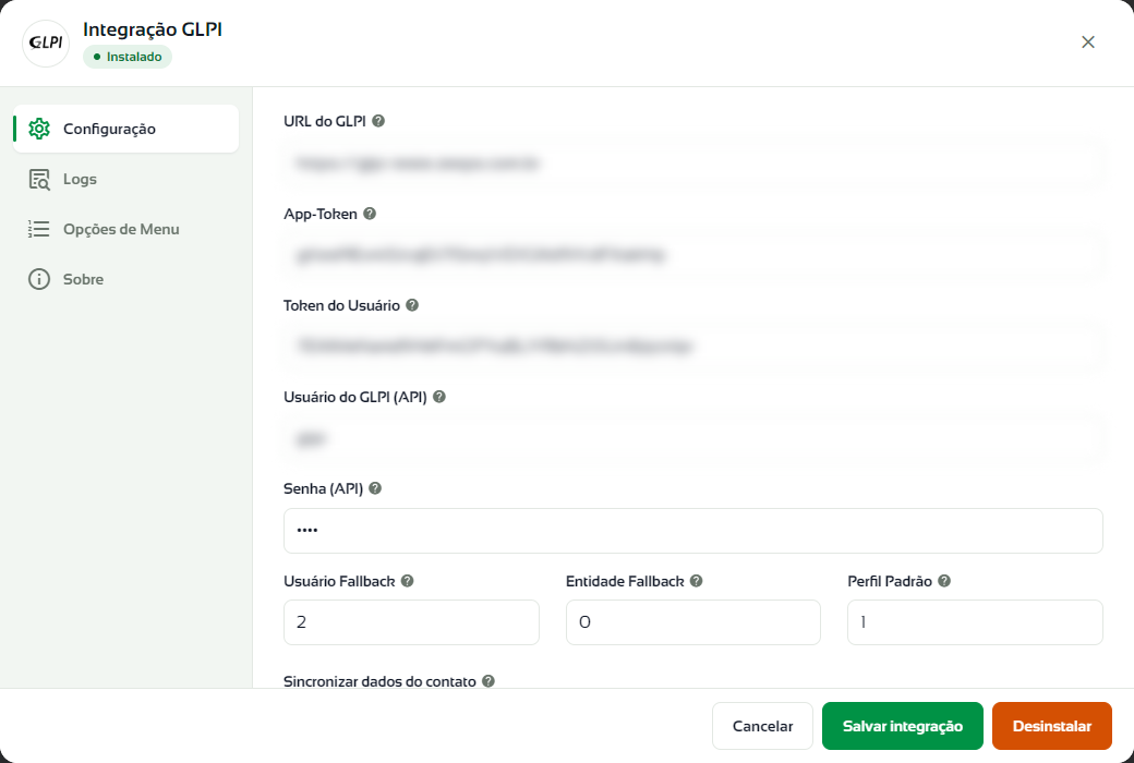 Aba Configuração do GLPI com os dados de acesso