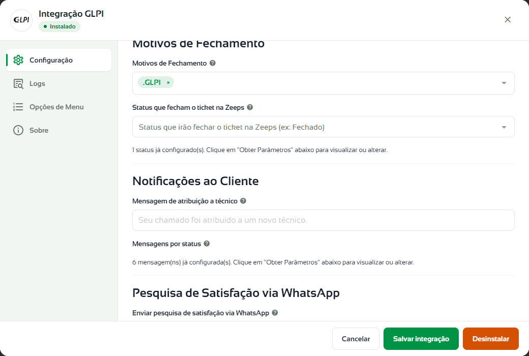 Configurações do ticket, notificações ao cliente e pesquisa de satisfação do GLPI