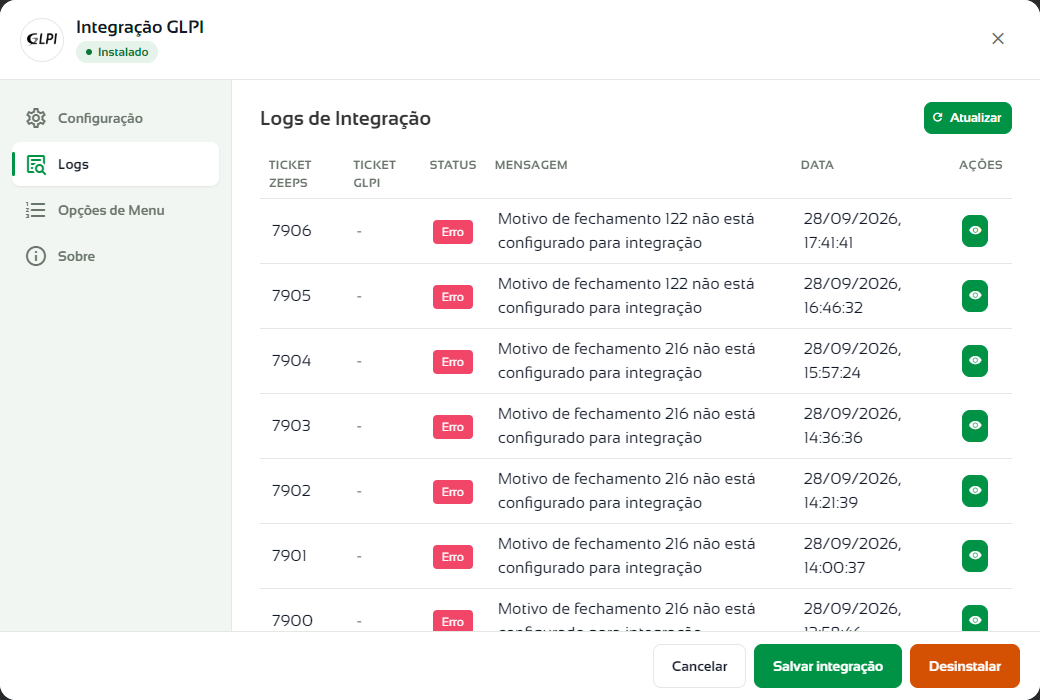 Aba Logs de Integração do GLPI