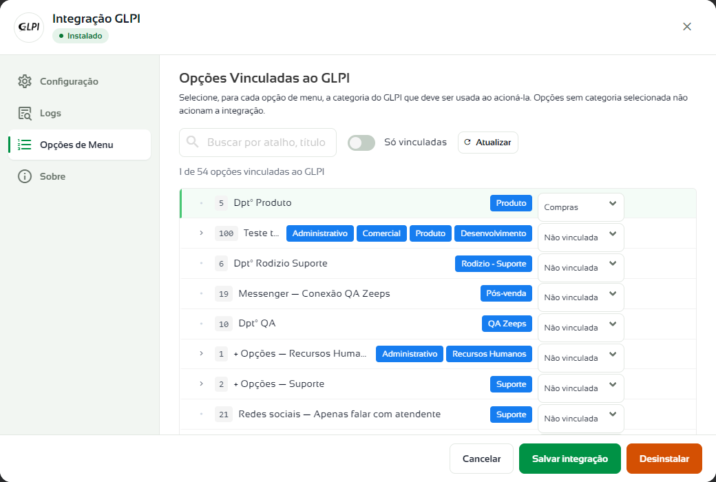 Aba Opções de Menu do GLPI