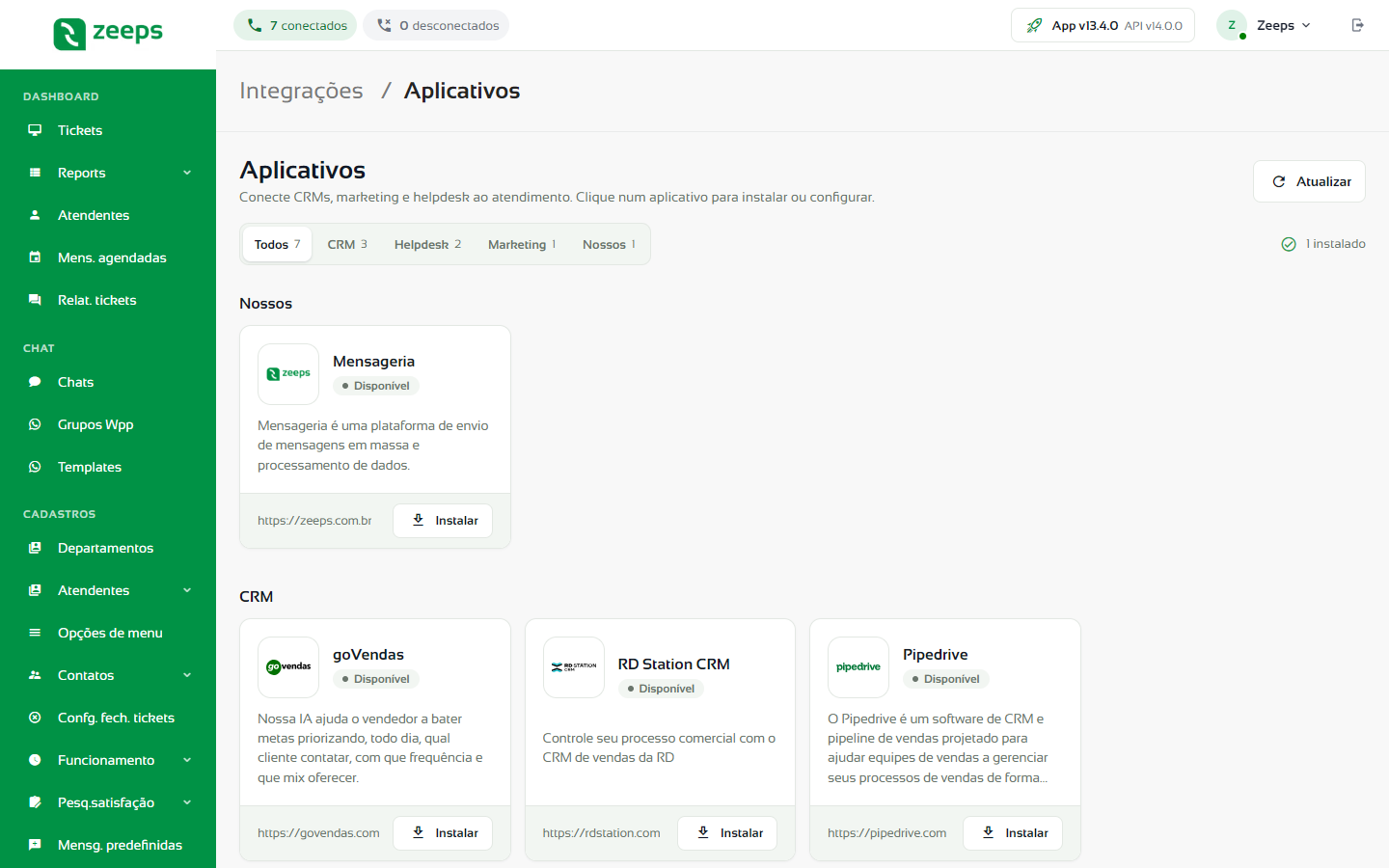 Tela Aplicativos com os cards dos aplicativos disponíveis e instalados