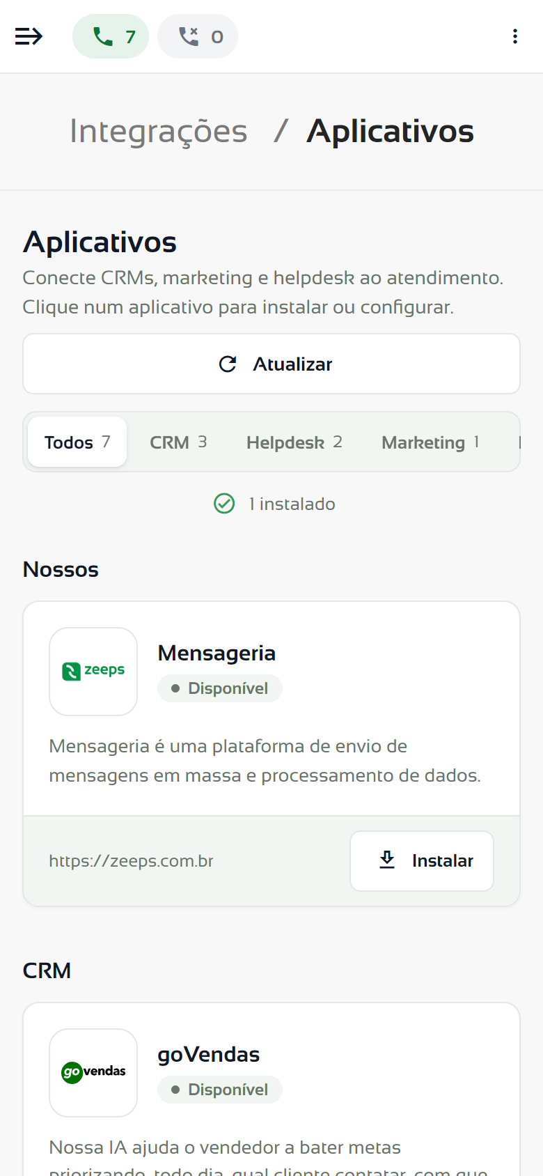 Tela Aplicativos no celular