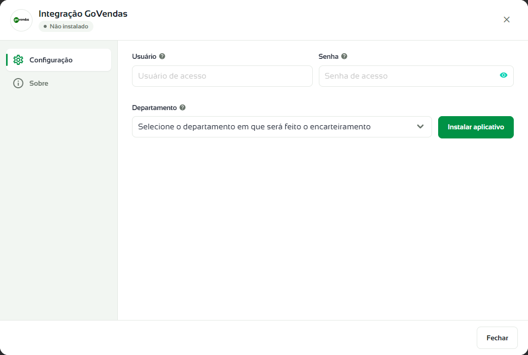 Janela de configuração do goVendas
