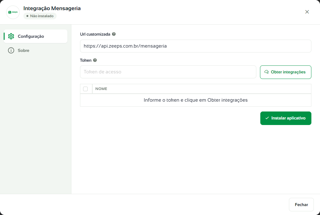 Janela de configuração da Mensageria