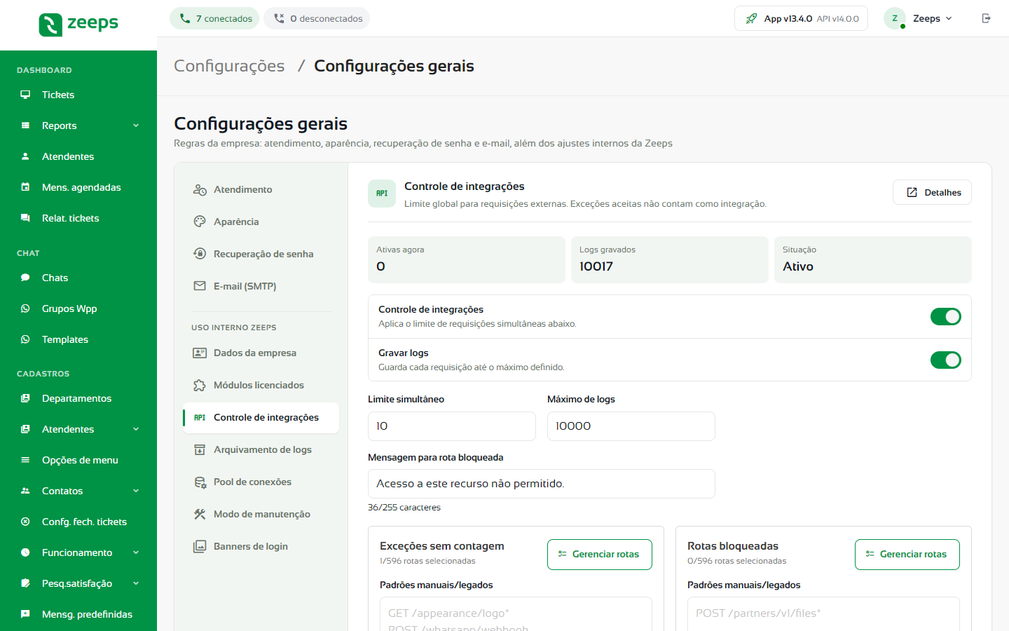 Aba Controle de integrações com os indicadores e as opções