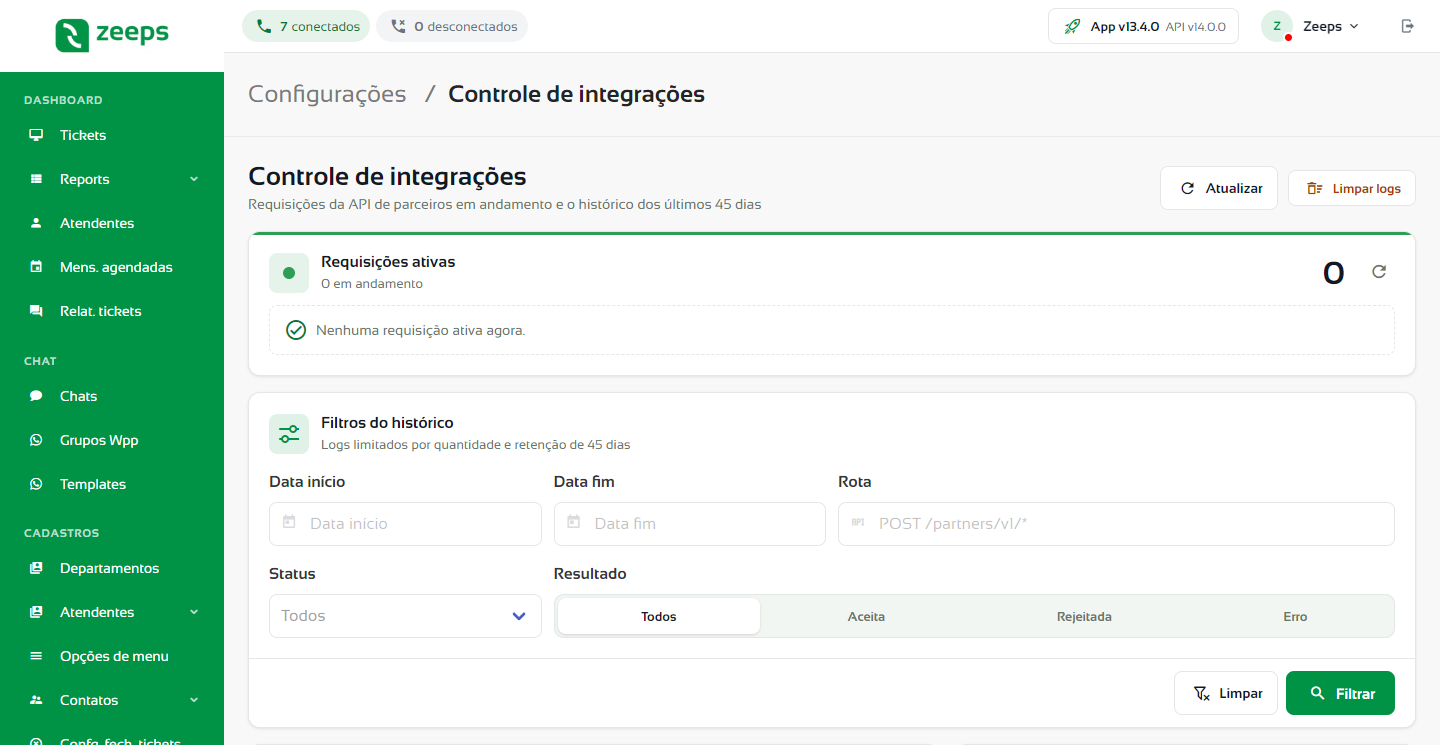 Tela Controle de integrações com as requisições ativas e os filtros do histórico