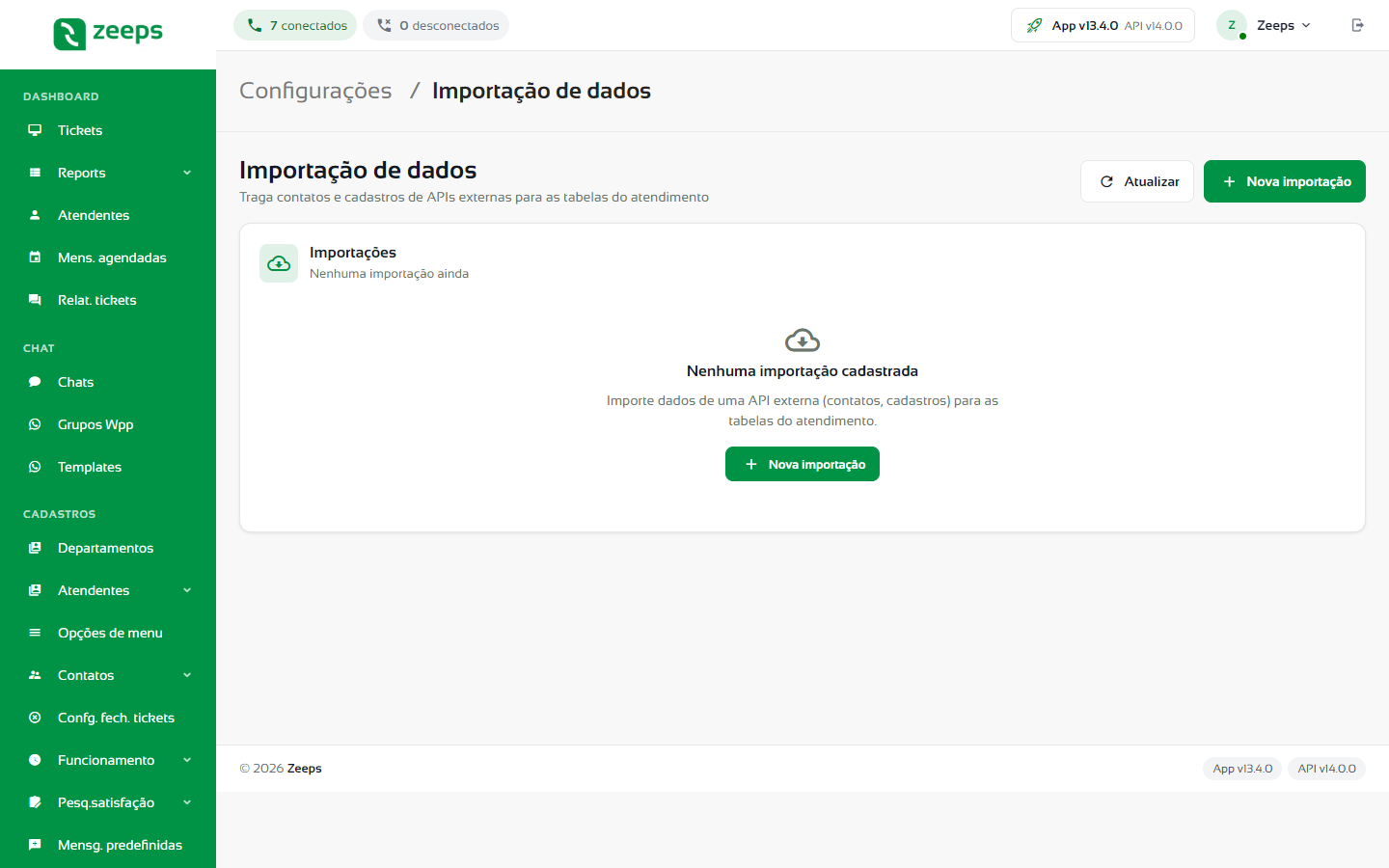 Tela Importação de dados sem importações cadastradas